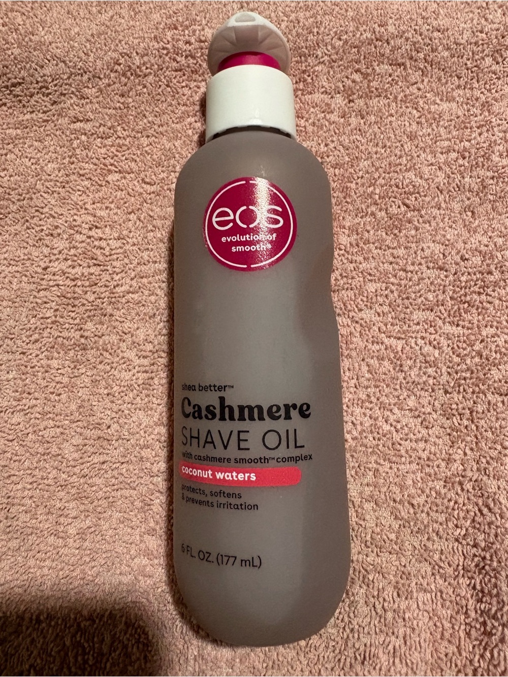 eos Cashmere Shave Oil Gray Bottle with Pink Accent